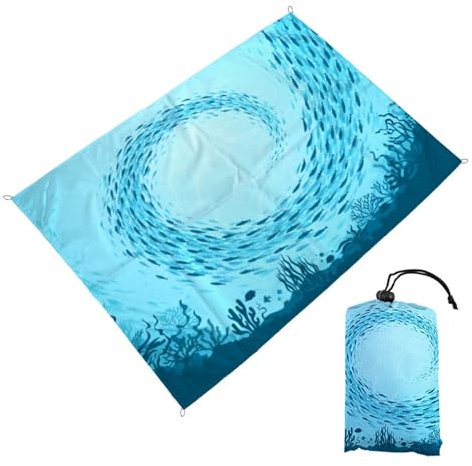 Treer Stranddecke Sandfrei Groß Strandmatte Campingdecke, Outdoor Seefisch-Muster Picknickdecke Stranddecke Sanddicht,Ultraleicht & Kompakt für Strand, Camping, Wandern, Reisen (140x200cm,Blau)