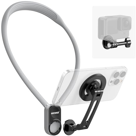 NEEWER Magnetic Neck Holder for Action Camera Phone Hands Free Neck Tripod Chest Mount Compatible with GoPro DJI Insta360 iPhone Android Phone Holder for POV Vlog, Gray, GP16