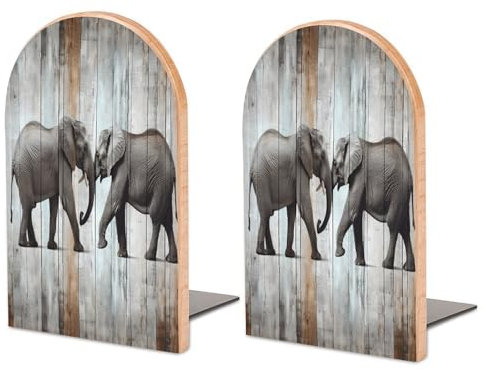 Verdickte Holz-Buchstützen, Elefant auf Holzdruck, kreative dekorative Buchstützen, rutschfeste Buchstützen, 1 Paar, groß