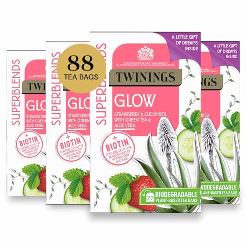 Twinings Superblends Glow Tea - Strawberry & Cucumber Green Tea with Aloe Vera & Biotin for Skincare & Hair Care, 88 Biodegradable Tea Bags (4x22) with 2 Sweet Dream Tea Bags