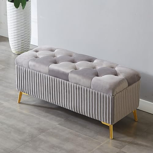 ZYJIX Rechteckiger, Mit Samt Gepolsterter Fußhocker Mit Stauraum Für Wohnzimmer Und Schlafzimmer – Moderne Bettbank Mit Verstecktem Stauraum In Der Farbe Grau(Size:60x39x45cm,Color:Grey)