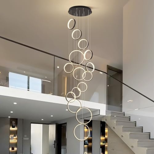AHQX LED Pendelleuchte rund Treppenhaus lang Pendelleuchte Helligkeit Farbtemperatur einstellbar Schwarze Pendelleuchte rund höhenverstellbar Geeignet für Wohnzimmer Foyer Villa Hotel(15 heads)