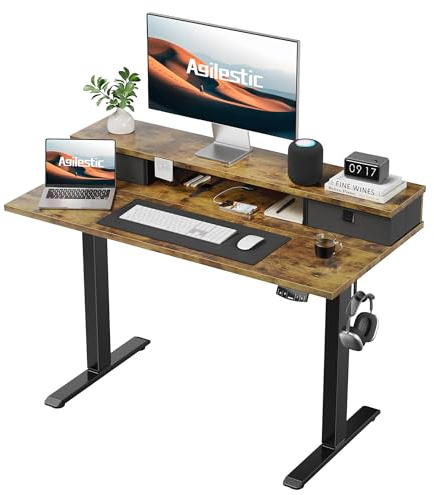 Agilestic höjdjusterbart skrivbord med 2 lådor, 100 x 60 cm stabilt skrivbord justerbar höjd elektrisk, ergonomisk ståsits bord datorbord, brunt