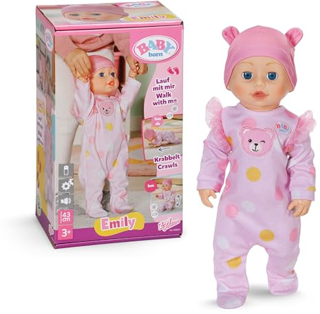 BABY Born Emily Lauf mit Mir - 43 cm Puppe mit elektronischen Funktionen - Krabbel- & Lauflernpuppe mit Soundfunktion - Inkl. rosa Strampler & Mütze - Geeignet für Kinder ab 3 Jahren