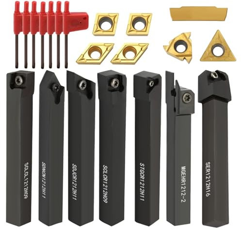 21 Stück 12mm Drehmeißel Set Bohrstange Schaftdrehmaschine mit 7 x Drehwerkzeughalter, 7 x Hartmetall-Wendeschneidplatten, 7 x Schraubenschlüssel für Trennschleifen Finishen der Werkstückoberfläche