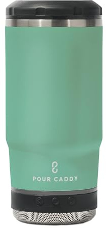 Pour Caddy Chill and Brew Bluetooth Speaker Cup, Insulated Can and Bottle Holder for Hot or Cold Drinks, Double Wall Stainless Steel Drinkware, Fits 12 oz Cans or 14 oz Liquid, Seafoam