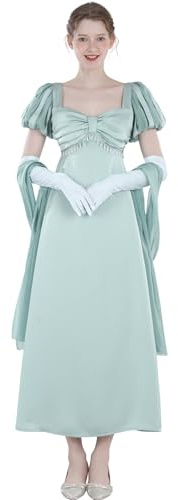FCCAM Robe Regency Jane Austen - Longue - Vintage - Robe de bal victorienne avec écharpe et gants - Taille empire, Bleu 1447, XL