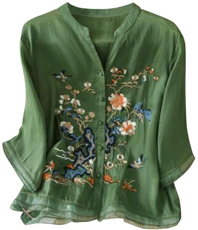 Beach Cover Ups and Kaftans Linen Shirt Women Summer Embroidery Linen Tunic Tops Retro Jacquard Short Sleeve Boho Blouse Casual Loose Fit Flowy Hem Tee Lightning Deals of The Day Today Sale B Green
