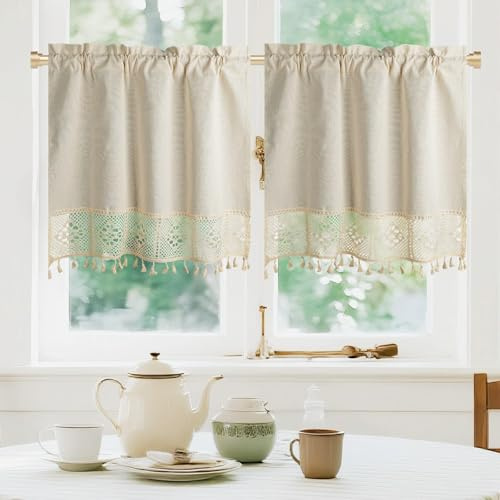 Dreaming Casa Linen Blend Kitchen Curtains 36 Inches Length, 2 Panels Bohemia Hollow-Out Tier Curtains for Living Room Bedroom, Short Light Filtering Bistro Drapes with Rod Pocket, Natural, 30W x 36L