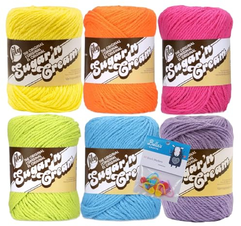 Lily Sugar'n Cream 100% Cotton Yarn 6-Pack Bundle with Bella's Crafts Stitch Markers (Hot Rainbow)