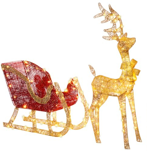 BAKAJI Renna Natalizia Luminosa XXL con Slitta per Esterno con 8 Funzioni di Luce, Decorazione Natalizia 120 cm Altezza, Decorazioni Addobbi LED di Natale per Giardino (Bianco Caldo)