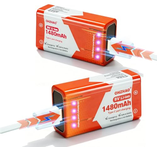 OHZHAO 2er-Pack wiederaufladbare 9V Batterie,1480mAh Langlebige 9v blockbatterie mit LED-Anzeige, USB-C-Aufladung mit Ladekabel für Rauchmelder, Multimeter, Mikrofone, Walkie-Talkies, Spielzeug