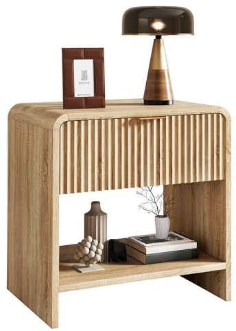 GUVIBAYB Nachttisch 60cm für Boxspringbetten, Schublade, Naturholzfarben | Rillenoptik, abgerundete Ecken im Waterfall-Design, Nachtschrank mit offenem Fach, Beistelltisch, moderne Nachtkommode