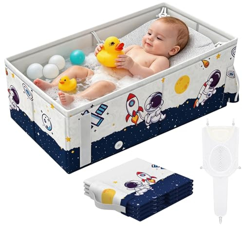 Baño plegable para bebé, baño portátil para niños pequeños con soporte de baño y juguetes, ahorro de espacio, adecuado para recién nacidos a 5 años (80 x 40 x 26 cm)