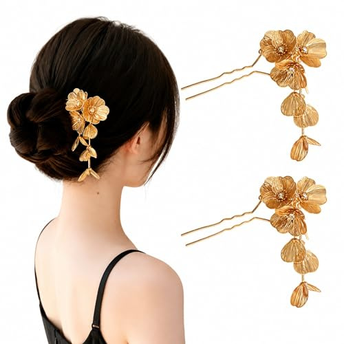 Ypkia Lot de 2 épingles à cheveux en forme de fleur pour mariée - Doré - Brillant - Pour chignon - Pour femme - Cheveux décoratifs - Coiffure fixe