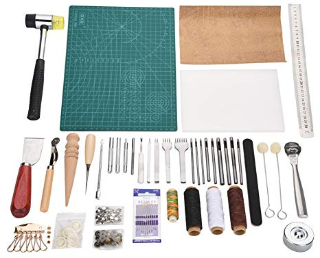 Luocute Läderhantverksverktygssats 42 Delar, Hålsömmar | Metallträhandtagsverktyg, Inkluderar Gummihammare, Stift, Vaxad Tråd, Syl, för Läderbearbetning, Canvas, Tygprojekt