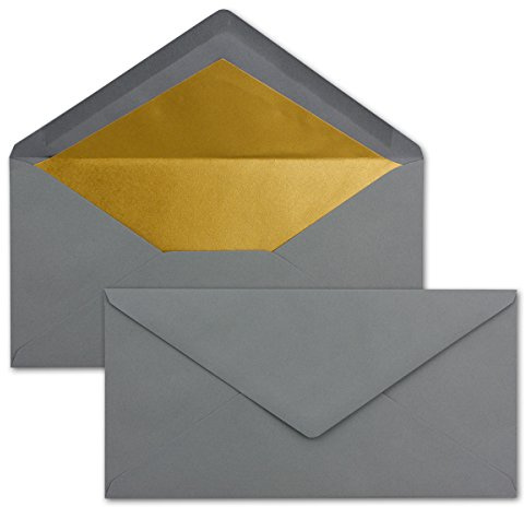 75 Brief-Umschläge DIN Lang - Graphit/Dunkel-Grau mit Gold-Metallic Innen-Futter - 110 x 220 mm - Nassklebung - festliche Kuverts für Weihnachten