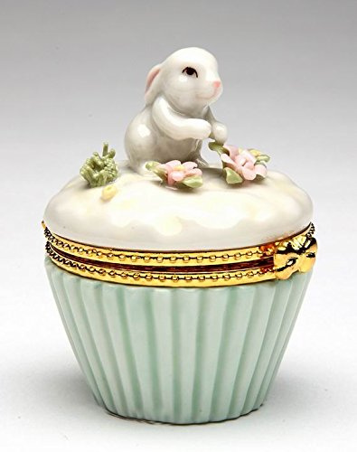 Cosmos Gifts Porcelain White Bunny with Flowers Hinged Box 2 3/4 H