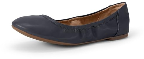 Amazon Essentials Women's Comfortable Round Toe Ballet Flats, Cushioned Memory Foam, Navy Faux Leather, 8
