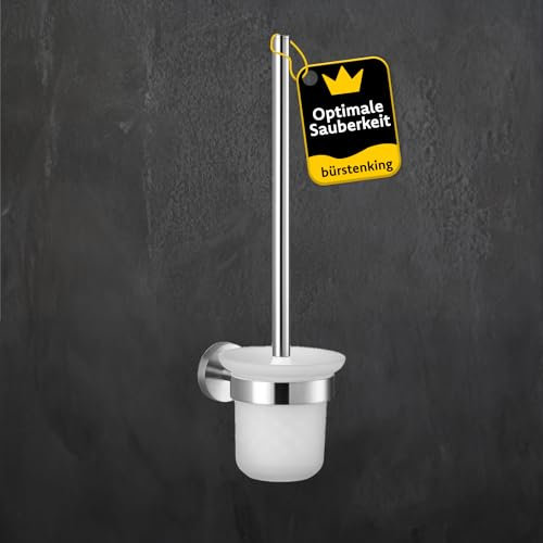 Bürstenking WC Garnitur, Toilettenbürste mit Halter, matt gebürsteter Edelstahl, Klobürste für Wandmontage, Bürstenkopf mit 73 mm Durchmesser, Badezimmer WC Garnitur, Teil der Serie 190