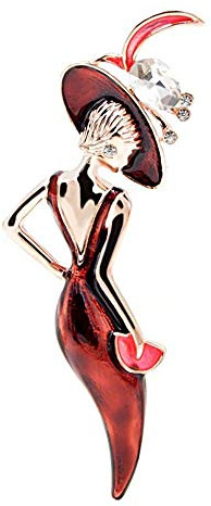 générique Broche Acier Femme élégante en Tenue de soirée Robe et Chapeau Rouge foncé.