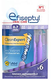 Efiseptyl - Brossettes Interdentaires Clean Expert 0,7mm - Sachet Refermable - Avec Traitement Antibactérien - Sachet de 6 Brossettes