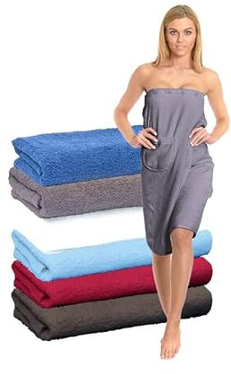Interkontakt Saunakilt Damen 80x140 cm mit 5-Knopf-Verschluss - passend bis Konfektionsgröße 44 - Handtuchkleid Damen aus 100% Baumwolle Oeko-TEX® Zertifiziert - Saunatuch Damen Grau