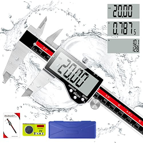 Digital Caliper Measuring Tool, Qfun Stainless Steel Caliper Digital Electronic Micrometer Caliper Measuring Tool, LCD Display, 6 Inch Measuring Range, Waterproof, Inch/Metric/Fractions Conversion