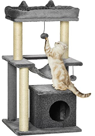 PawHut Kratzbaum 90 cm mit Hängematte für Katzen unter 4 kg Grau | Katzenturm, Höhle, 2 Plüschballen, Sisalstämme, Plattformen, Mehrstöckiger Katzenkratzbaum, Kletterbaum