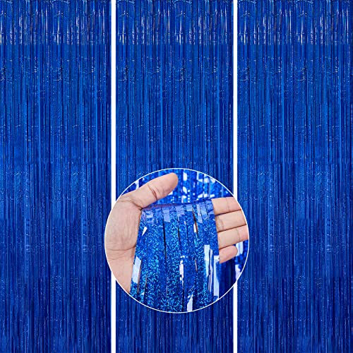 PartyWoo 3 pcs Royal Blue Foil Curtain, Tinsel Curtains, Blue Streamers, Backdrop Curtain, Fringe Backdrop, Foil Fringe Curtains, Metallic Door Shimmer, Party Streamers for Birthday Party Decorations