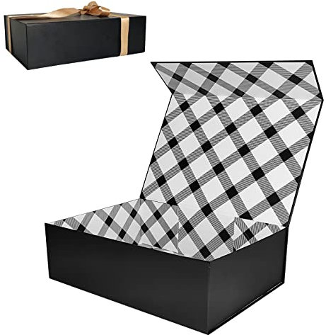 Tekhoho Black Large Gift Box 33x23.7x10 cm, Premium Present Box with Magnetic Lid and Ribbon for Holidays Wedding Birthday Gift Packaging, Plaid Lining