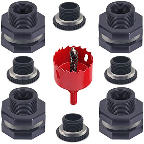 Qitdathn Kit di 4 raccordi per paratia per barili di pioggia, con tappi e sega a tazza, 2,5 cm (diametro interno di circa 32 mm), kit di connettori in PVC per barili di pioggia, piscine e acquari