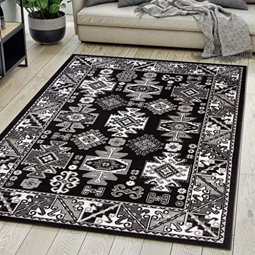 Mazovia Alfombra Oriental - Diseño Oriental de Salón Grande de Pelo Corto - Alfombras de Habitación de Matrimonio, Dormitorio y Comedor - Negro 120x170 cm
