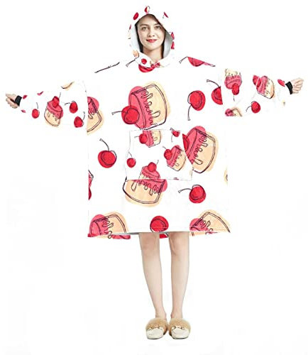 Tragbare Decke Hoodie, übergroße Kapuzendecke, Sweatshirt, Kirsche und Kuchen, Mehrfarbig, Einheitsgröße