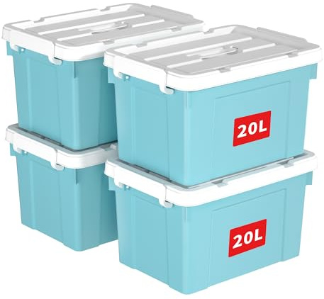 Cetomo 20L*4 Caja de Almacenamiento con Asa, Caja de Plástico con Tapa y Cierre Seguro, Contenedor de Almacenamiento, Duradera, Apilable, Resistentes, Azul, Paquete de 4 de 20L