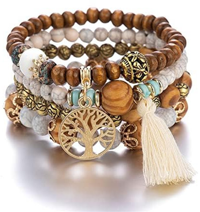 LICHUANUK Boho 4 Stück Armbänder Holzperlen Quaste, Chakra für Frauen, Natürliches Kristall heilsteine, Frauen Baum des Lebens Charm Statement Armreifen, Perle (Milky white)