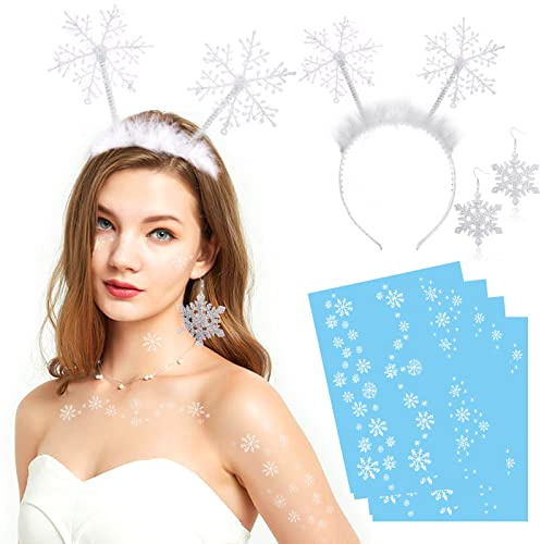 HOWAF Schneeflocke Kostüm Damen, Schneeflocken Haarreif Schneeflocke Haarreifen Haarschmuck, Ohrringe, Tattoo für Frozen Weihnachtskostüme, Halloween Karneval Fasching Kostüm