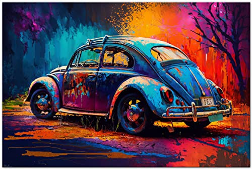 Printonia Leinwand-bild 120x80 cm Volkswagen VW Käfer Oldtimer Abstrakt Art Automobil Bilder Deko Dekoration Wandbild Kunstdruck