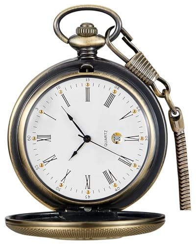 Tiong Vintage Pocket Watch with Chain Roman Numerals Scale Unique Quartz with Calendar Pocket Watches Birthday Gifts Fathers Day