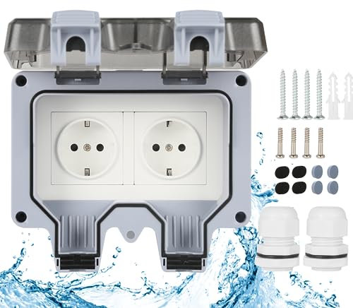 Jadeshay Außensteckdose Wasserdicht, Aussensteckdose 2-Fach IP66 Wasserdichte Steckdose aussen 16A Aussensteckdose Aufputz für Garten Küche Garage