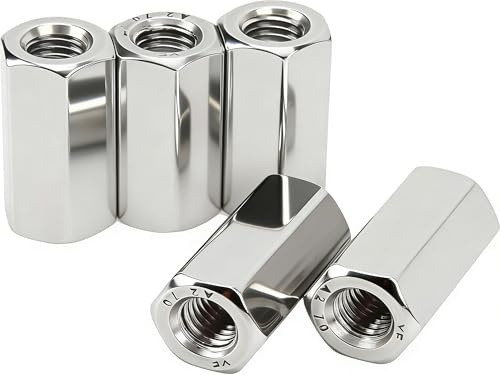 Tissting 5 Stück Langmutter M10 x 1,5 Innengewinde 17mm OD 35mm Lange | Langmuttern Sechskant Stangenmutter Verbindungsmuttern 304 Edelstahl Silber Kupplungsmutter Set für Ersatz Wartung
