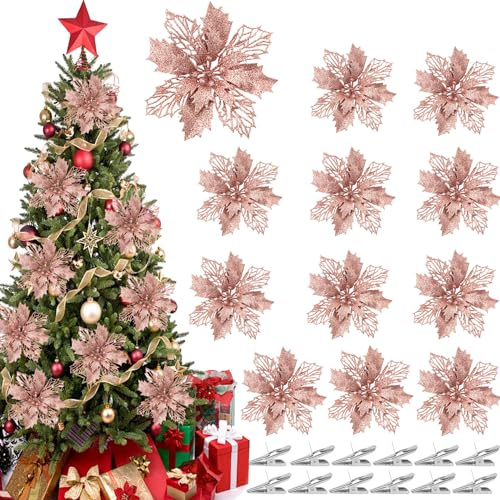 12 Fiori Artificiali per Alberi di Natale con Glitter Stelle Natalizie Poinsettia Glitterate Oro Rosa Decoracioni Ornamenti Addobbi Capodanno