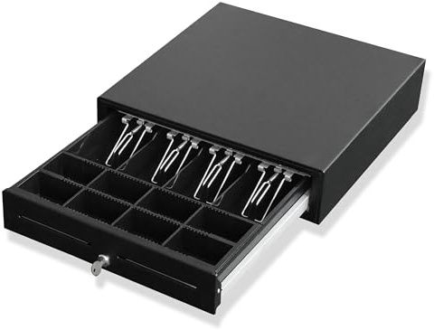 Kassenlade QUORION 410F für PC/POS Kassensysteme & Bondrucker mit 9 12 oder 24 V Anschluss RJ11 mit 8 Münz und 4 Scheinfächern, 2 Schlüsseln, robuste Erstausrüsterqualität