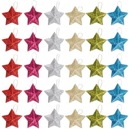 LICHENGTAI Weihnachtsbaumschmuck, 30 Stück Bunte Sterne Weihnachten Anhänger Kunststoff Christbaumanhänger Glitzer Deko Christbaumschmuck Anhängen für Weihnachten Tisch Weihnachtsbaum Dekor