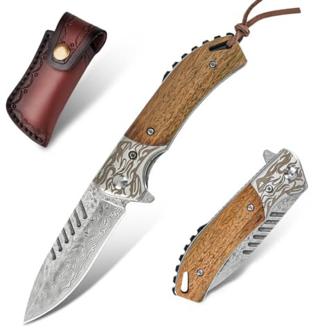 SUNEMY Damast Taschenmesser Klappmesser mit gravur, Hochwertig Jagdmesser Einhandmesser Einzigartig Sandelholz Griff, für EDC Männer Outdoor Sammeln Geschenk