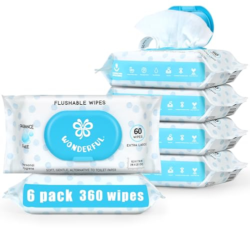 WONDERFUL Flushable Wipes, Unscented 100% Plant-Based Wet Butt Wipe for Adults & Kids, Sewer Septic Safe, Gentle for Sensitive Skin, Wipes Flushable Pack for Bathroom & Travel, 6-Pack (360 Counts)