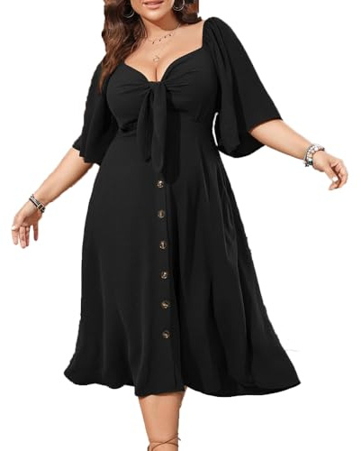 BSLVWG Vestido de mujer de talla grande de verano 2024, de manga corta, casual, para el verano, con escote en V, elegante, de estilo holgado, con lazada, camiseta de verano, Negro , 5XL Grande