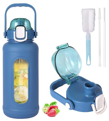 yeixzoua Glasflasche 1.5 Liter, Trinkflasche Glas-1.5l, Mit Strohhalm, Wasserflasche Glas-1.5l, Bruchsicher, Für Gym, Sport, Täglich, Schwarz (Blau)