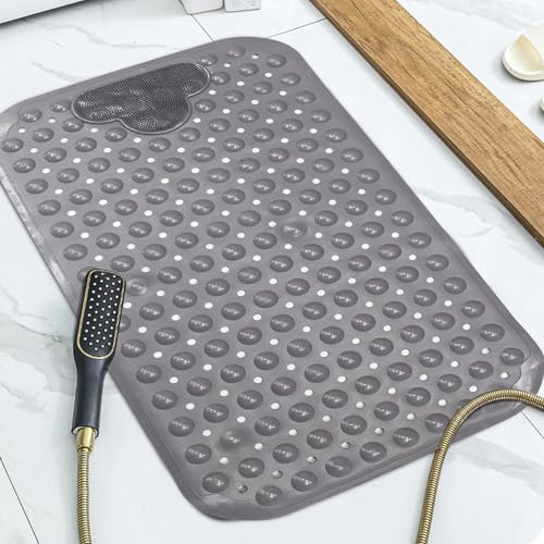 Shower Mat with Foot Massage Pad - Non Slip Bathtub Mat with Strong Suction Cups and Drain Holes – Quick Dry Bath Matts for Elderly & Kids Bathroom, Grey - 40 x 70 cm