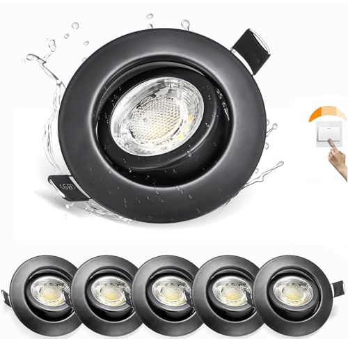 Karyoosi 6er LED Einbaustrahler Schwarz 7W 600LM, LED Spot Kaltweiß 6500K, 3 Stufen Dimmbar Einbauleuchten Flach, IP44 Bad Einbauleuchten Deckenspots Deckenstrahler, AC220-240V